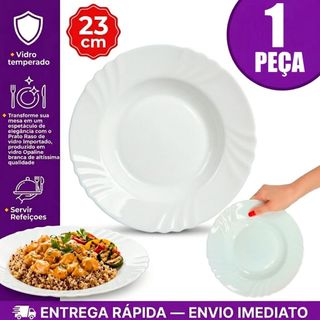 Prato fundo Vidro trabalhado opaline branco White 01 Peça 23cm importado almoço jantar hotel