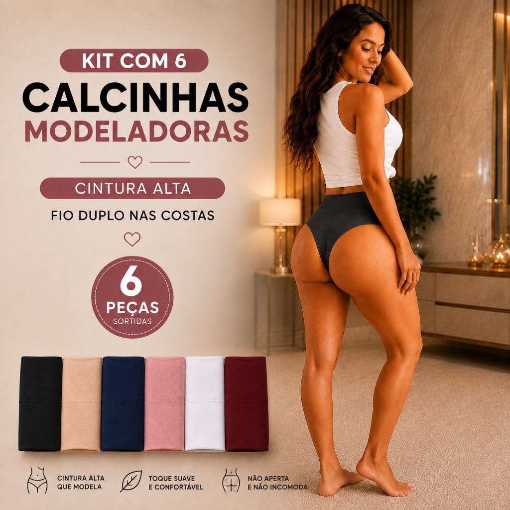 Kit 6 Calcinhas Modeladoras Feminina Cintura Alta Fio Duplo Confortável
