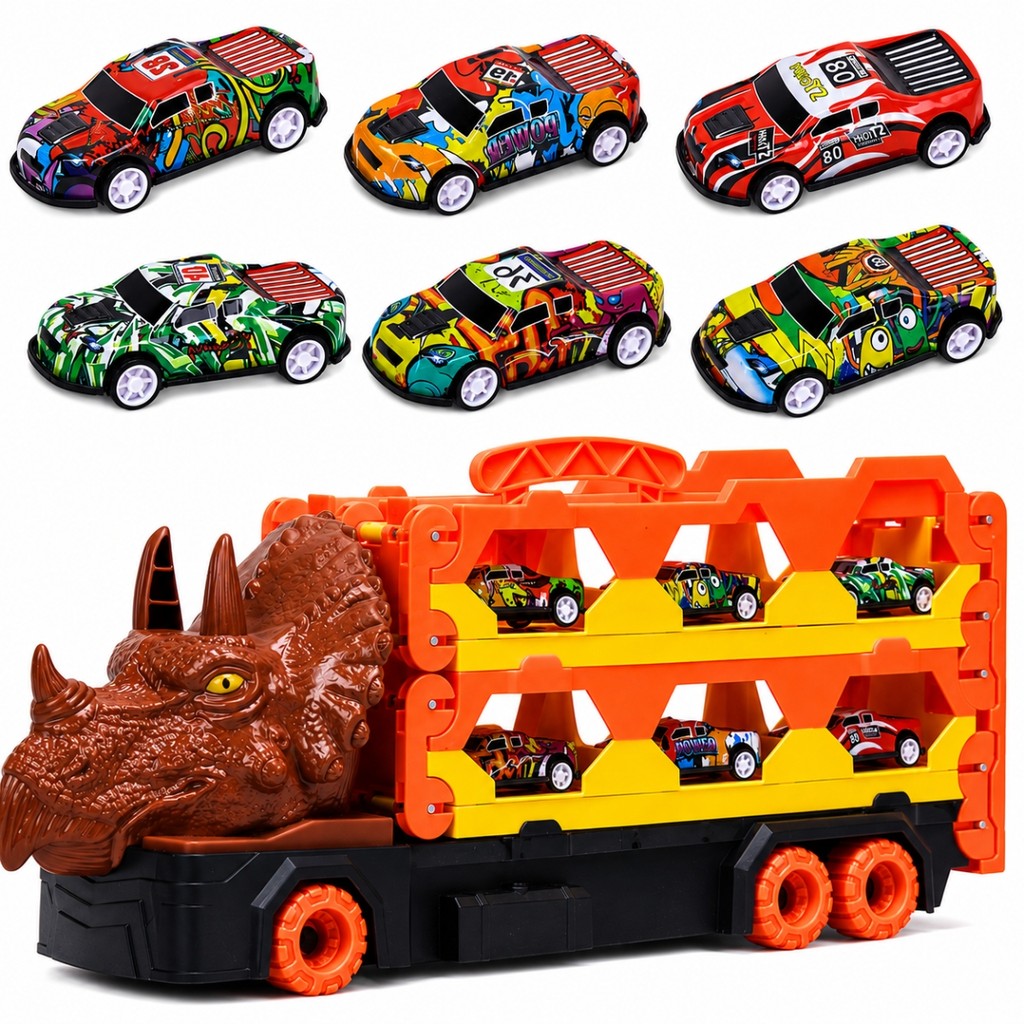 Caminhão Dinossauro que Vira Pista com 6 Carrinhos Pull Back Brinquedo Infantil Castela