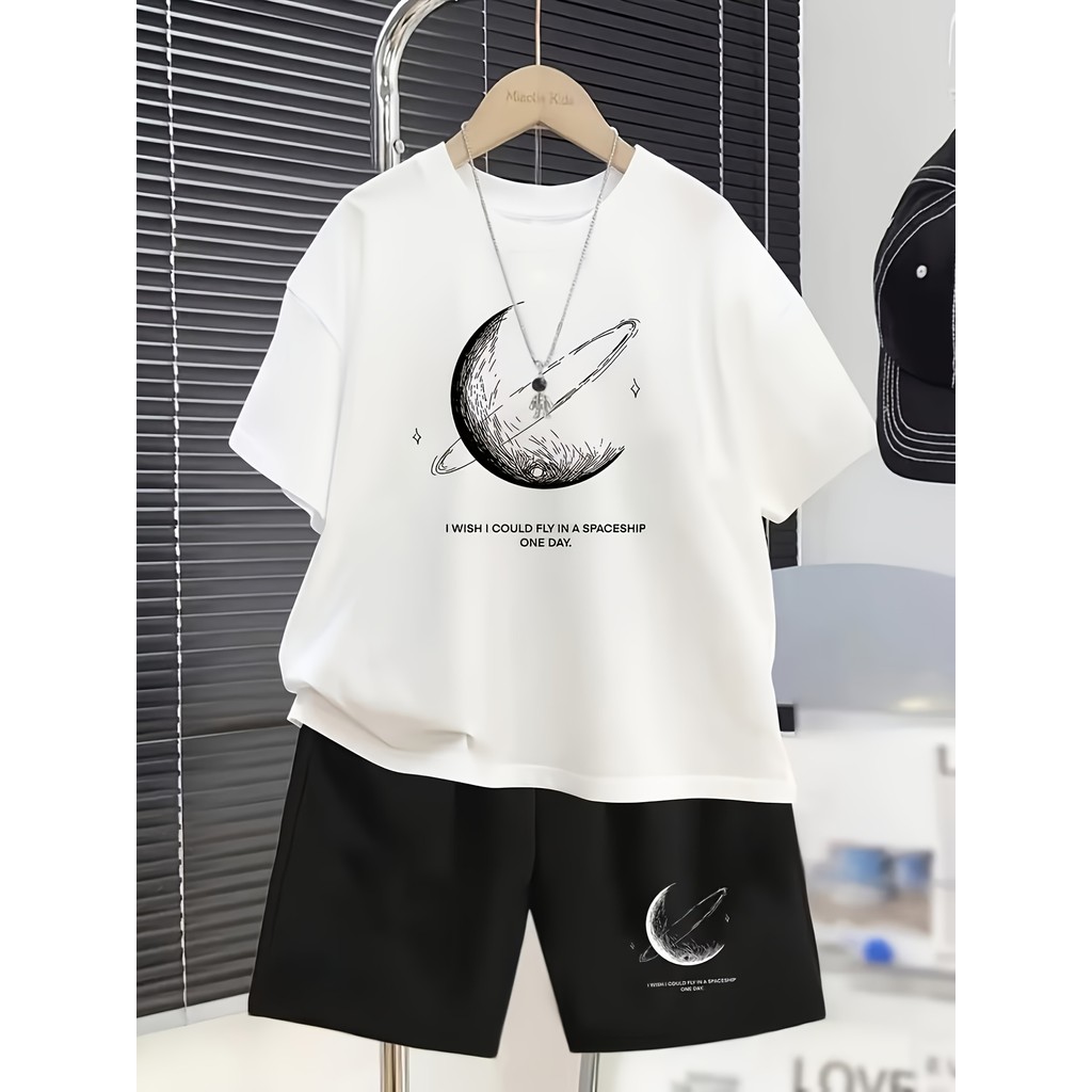 Kit Conjunto Masculino Bermuda e Camiseta Manga Curta Estampado Planeta Lua Fitness Academia Casual Short Camisa