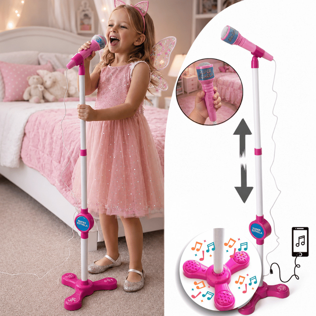 Microfone para Criança com Pedestal Ajustável LED e Conexão para Celular Brinquedo Menina