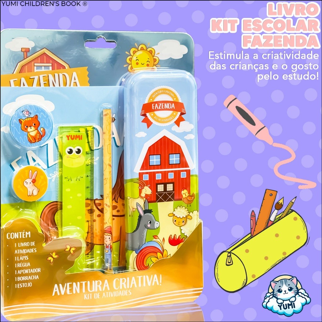 Livro Kit Escolar Fazenda - Livro Infantil De Atividades Educativas Com Estojo Lápis Régua Borracha E Apontador · foto 2
