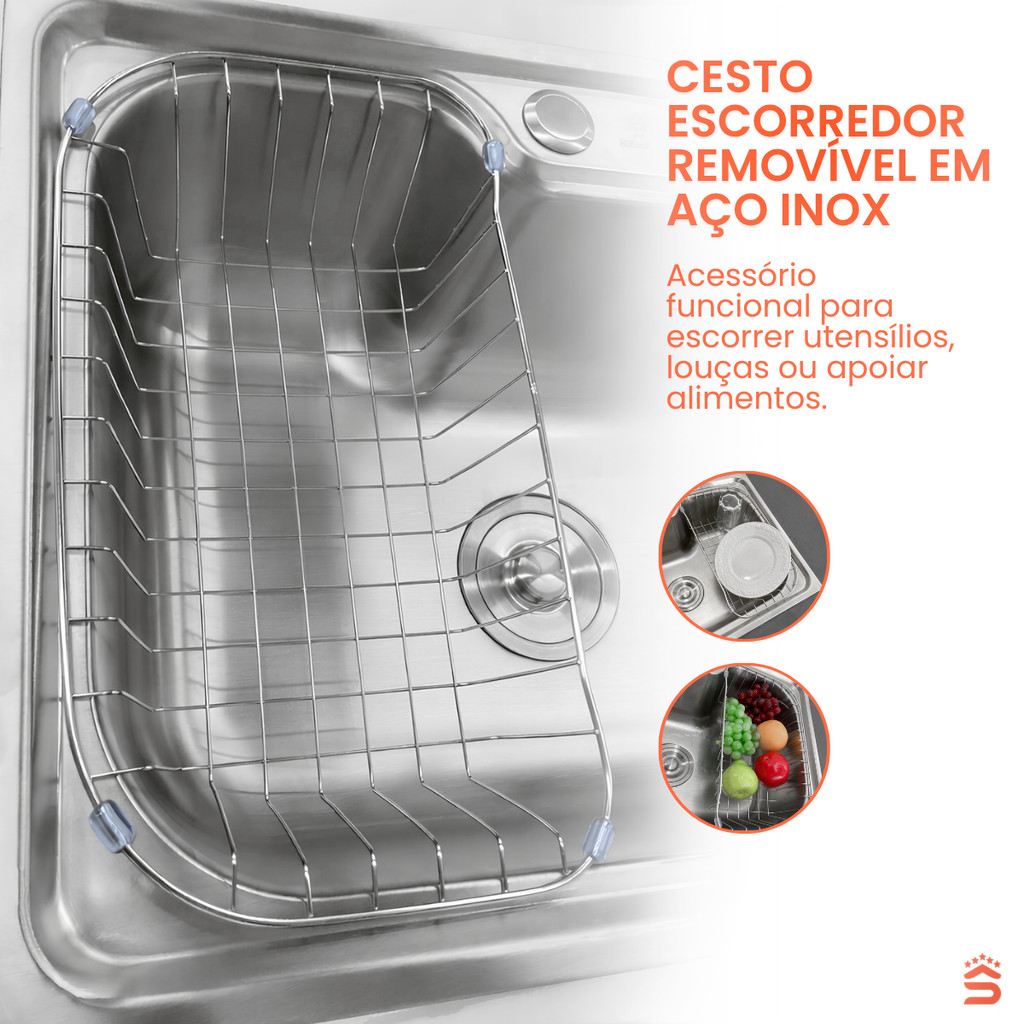 Cuba Para Cozinha Gourmet Pia Aço Inox 60x42cm Com Acessórios Cesto Escorredor Detergente