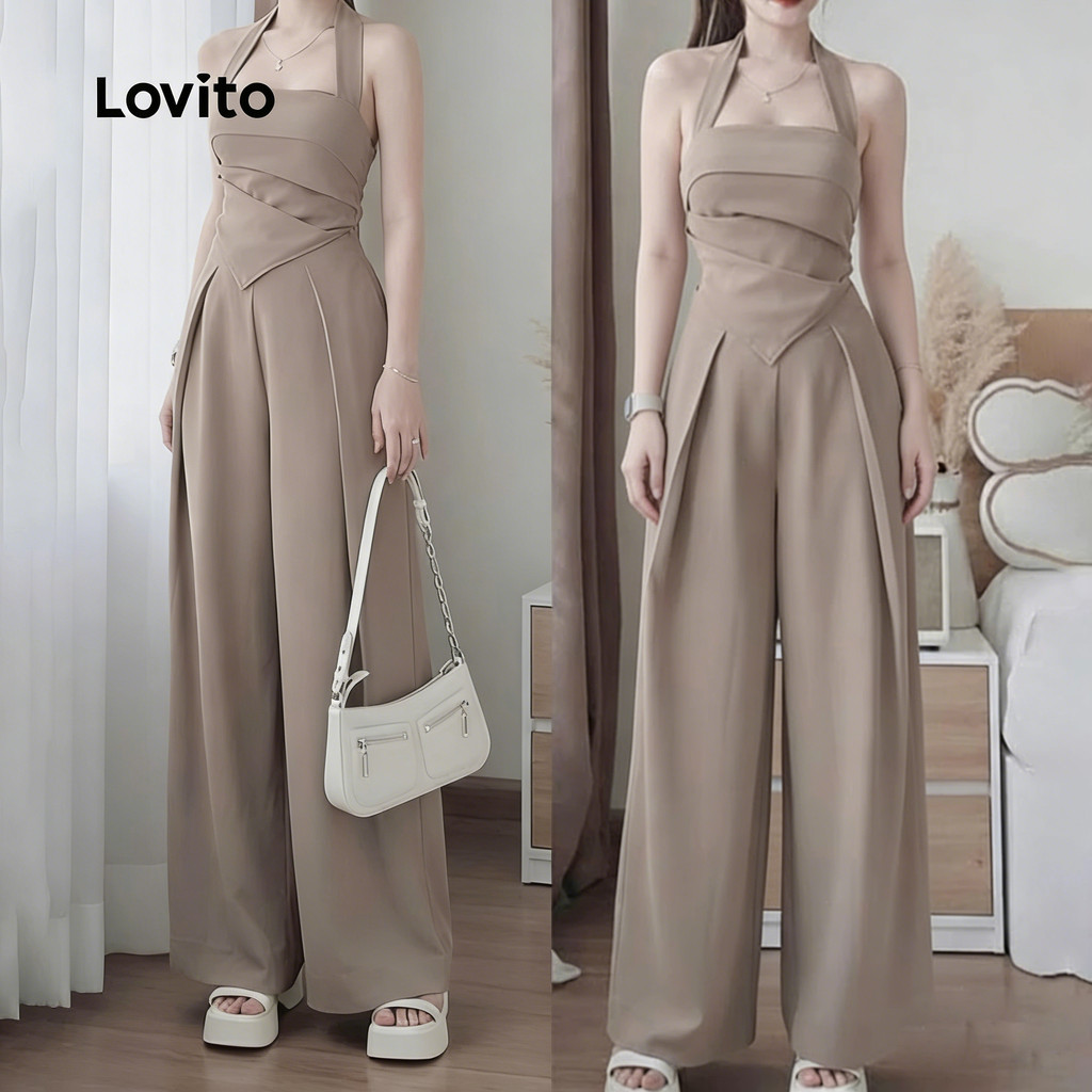 Lovito Casual Conjunto De Blusa Ou Calça Com Babados Assimétricos Na Cor Cáqui Primavera E Verão Para Mulheres LK3ED622