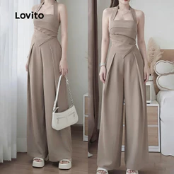 Lovito Casual Conjunto De Blusa Ou Calça Com Babados Assimétricos Na Cor Cáqui Primavera E Verão Para Mulheres LK3ED622