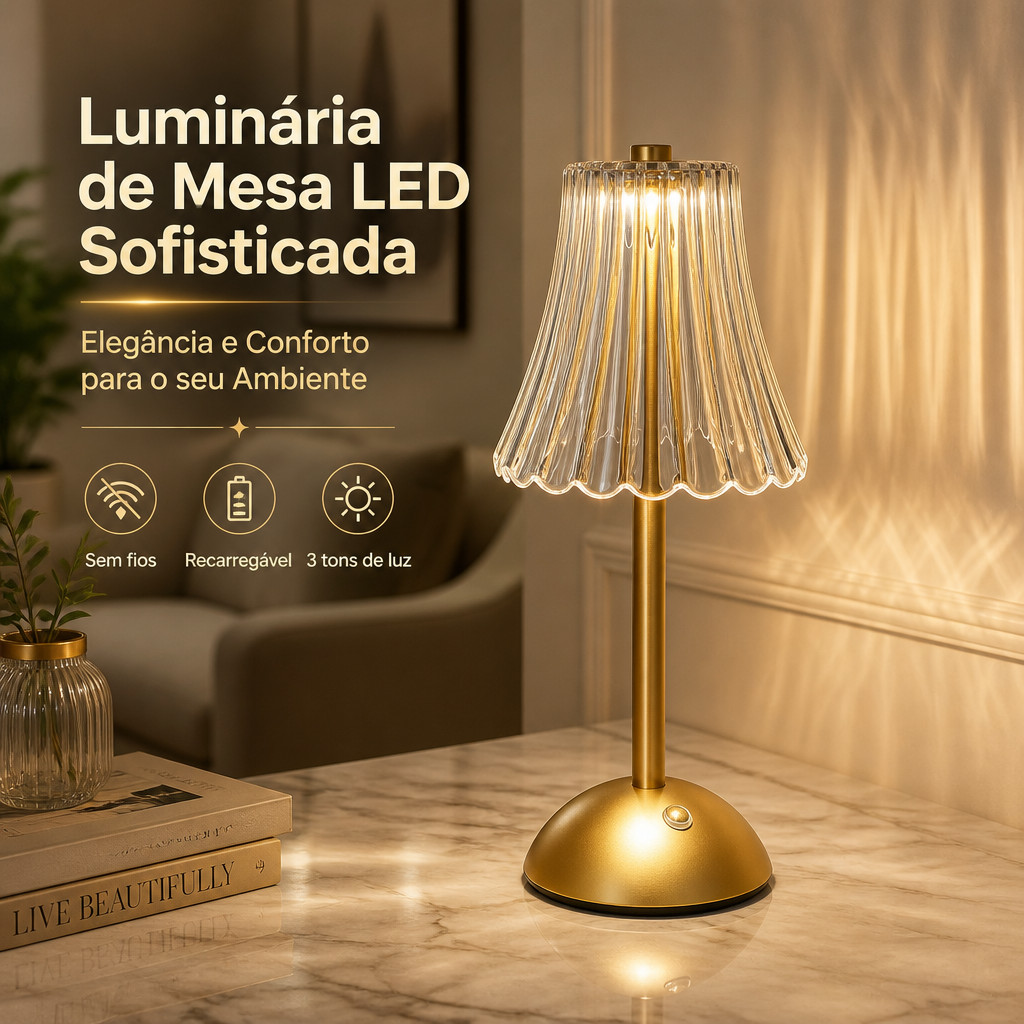 Luminária De Mesa Abajur Led 3 Cores Usb Dourado Acrílico
