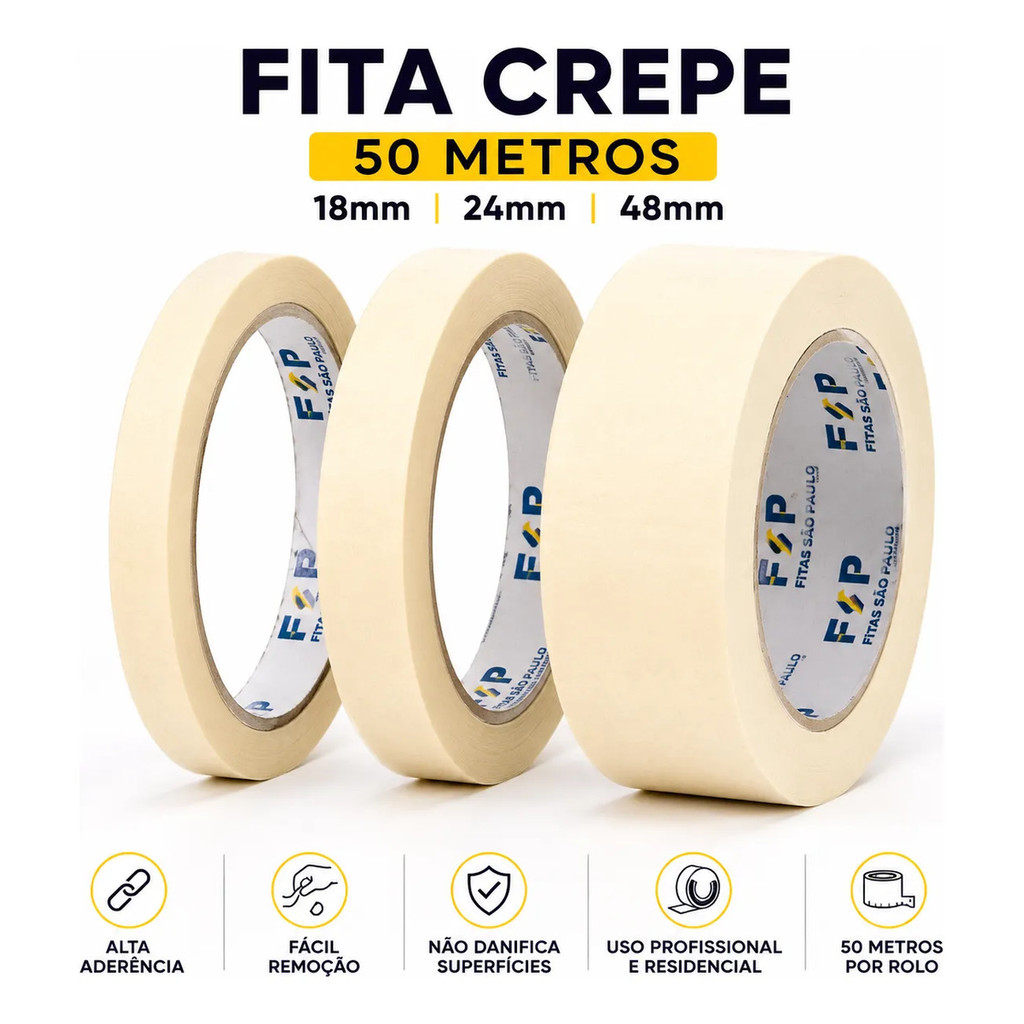 Kit 2 Fita Crepe 50 Metros Alta Aderência 18mm 24mm 48mm Pintura Embalagem Mascaramento Profissional Multiuso
