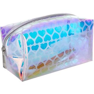 Bolsa de Maquiagem com Padrão de Coração Holográfico Arco-Íris, Pochete Cosmética Transparente em TPU, Resistente à Água