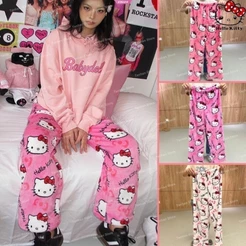 Calça De Pijama Feminina Hello Kitty Com Estampa Fofa De Desenho Animado , Roupa De Dormir Macia E Casual Para Casa