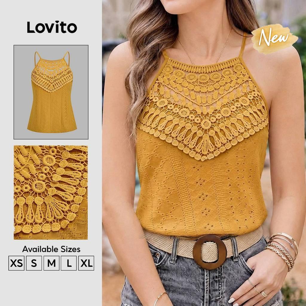 (New Arrival) Lovito Top Boho Plissado Renda Primavera/verão Top de Açafrão para