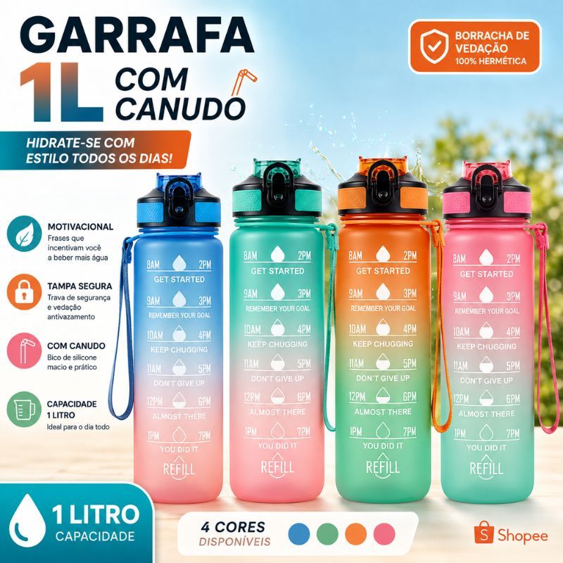 Garrafa de Água 1 Litro Com Canudo Squeeze Academia Fitness Motivacional Tie Dye Tampa com Trava