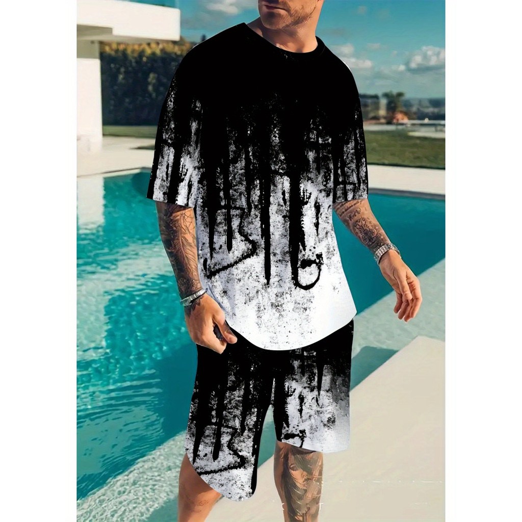 Padrão geométrico 3D impresso Shorts de manga curta conjunto de 2 peças esportes ao ar livre lazer Beachwear verão confo