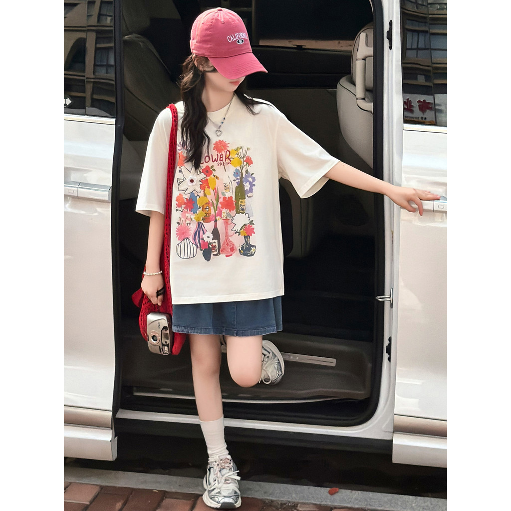 Meninas de manga curta doce camiseta 2026 novo estilo moda crianças verão camiseta médio grande crianças flor impressão 