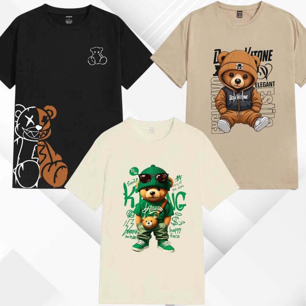 Kit 3 camisetas Infantil Masculina 100% Algodão Ursinho Estampado Confortável Casual Menino