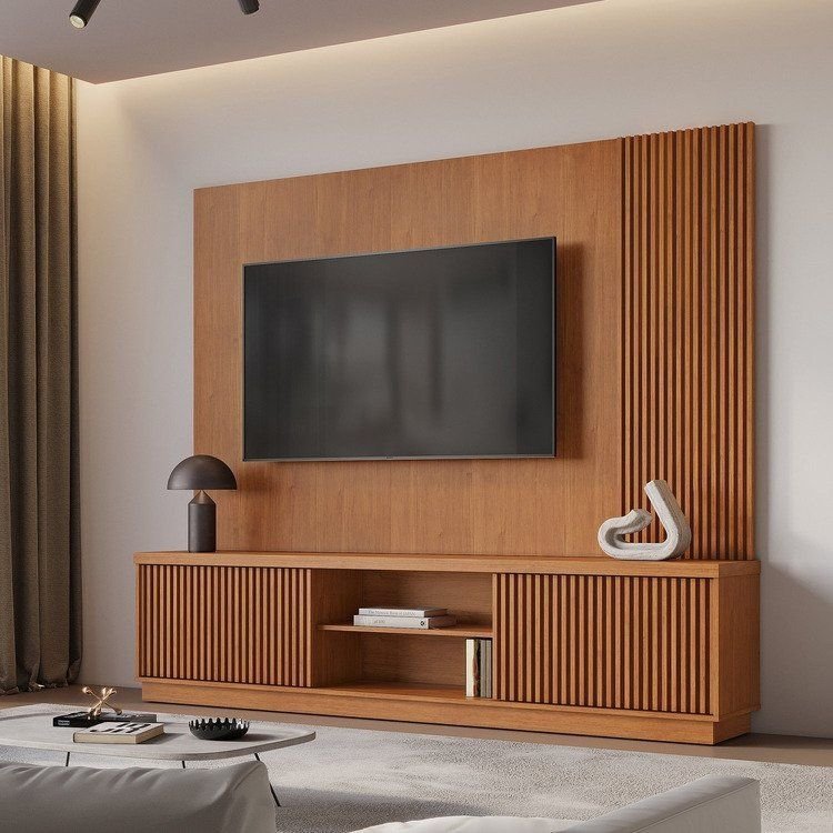 Estante para TV e Home Theater Ripado para TV até 75 Polegadas 100% MDF 220cm 2 Portas Valencia New Naturalle