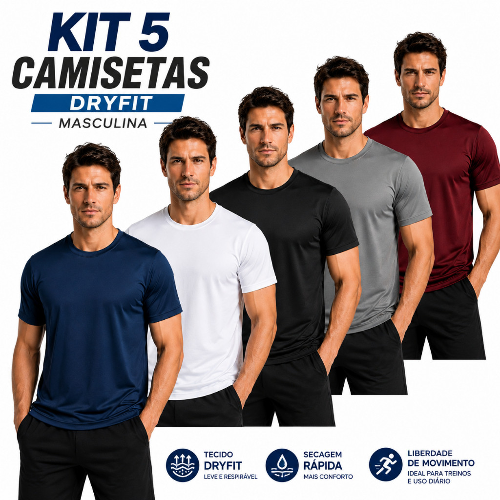 Kit 5 Camisetas Poliéster DryFit Masculina Lisa Academia Corrida Casual Esportes Confortável