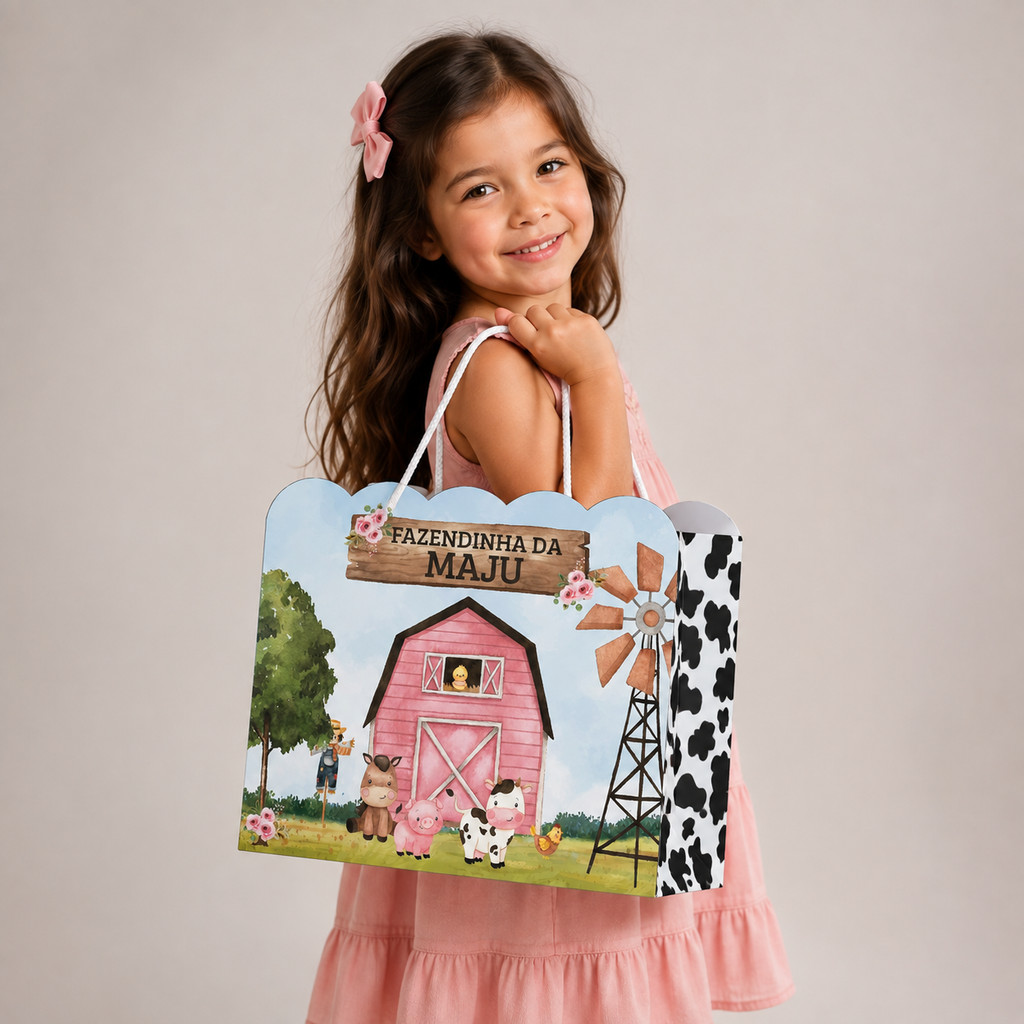 Sacolinha Personalizada Para Festa aniversário Fazendinha Rosa Sacolinha Surpresa Pegue e Monte Lembrancinhas