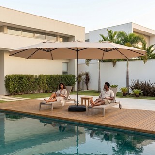 Ombrelone Lateral Duplo 2,7x4,6m com Base Desmontável 2 Sacos Areia 30L Impermeável UV Jardim Piscina