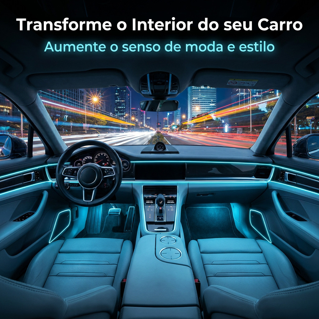 Fita LED Neon RGB 5 Metros para Carro USB com APP e Botão – Luz Ambiente Automotiva Universal
