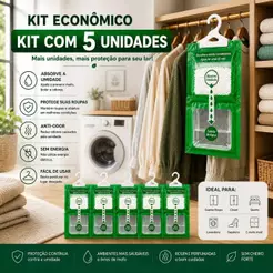 Kit 5 Unidades Sachê Absorvedor de Umidade Pendurável, Anti‑Mofo e Elimina Odores para Guarda‑Roupa, Banheiro e Armários
