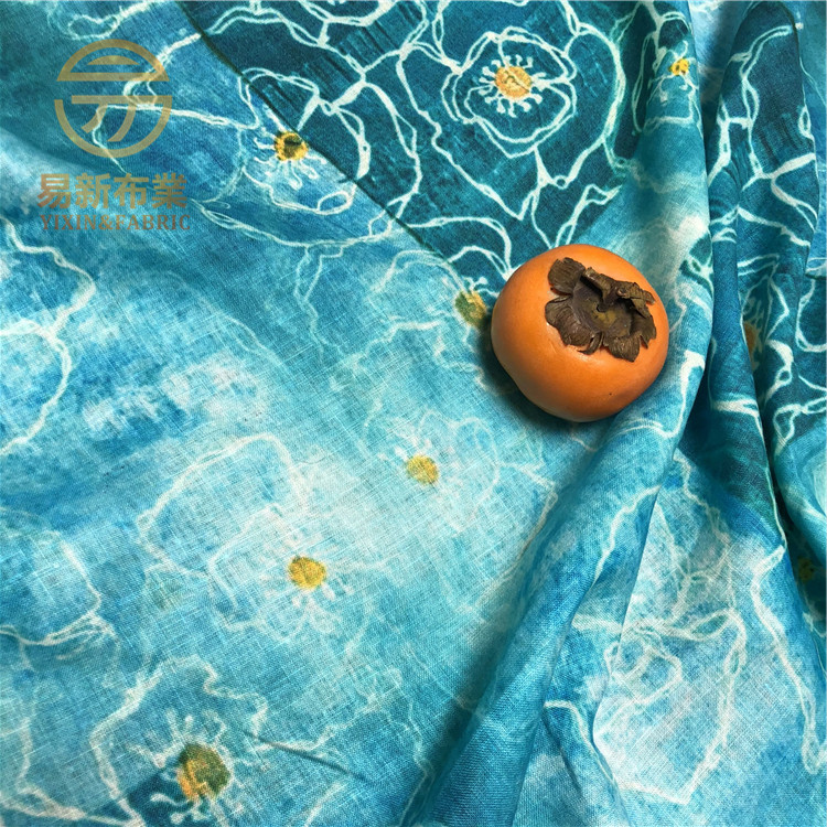 Aqua azul novo produto puro linho Digital impresso areia lavagem tecido roupas femininas Robe vestido outono inverno