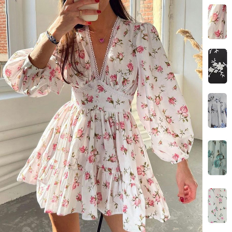 Mini Vestido Feminino Floral | Manga Longa Renda | Decote V Cintura Alta