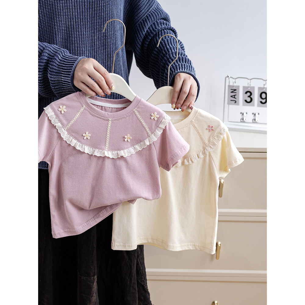 Meninas puro algodão Raglan camiseta de manga curta 2026 verão novo estilo crianças bebê Casual estilo ocidental solto t