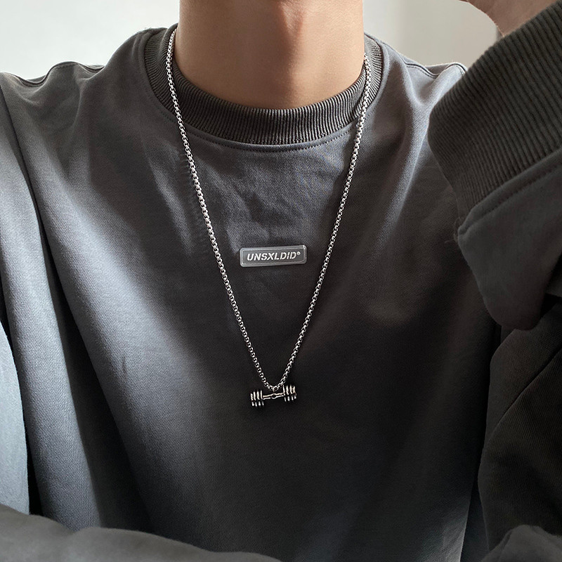 Rua Hip Hop Fitness haltere titânio aço colar masculino ins na moda legal moda único simples All-Match acessórios longos