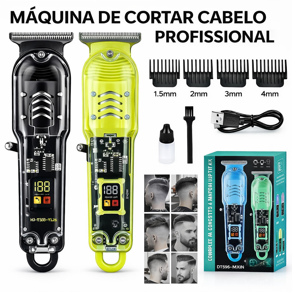 Máquina de Cortar Cabelo Profissional Sem Fio LCD Transparente Recarregável 4 Pentes