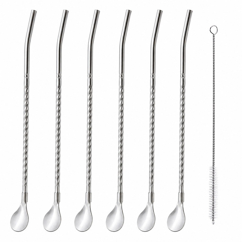 Kit 6 Canudos Inox com Colher Bailarina Reutilizável para Drinks Sucos e Bebidas