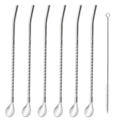 Kit 6 Canudos Inox com Colher Bailarina Reutilizável para Drinks Sucos e Bebidas