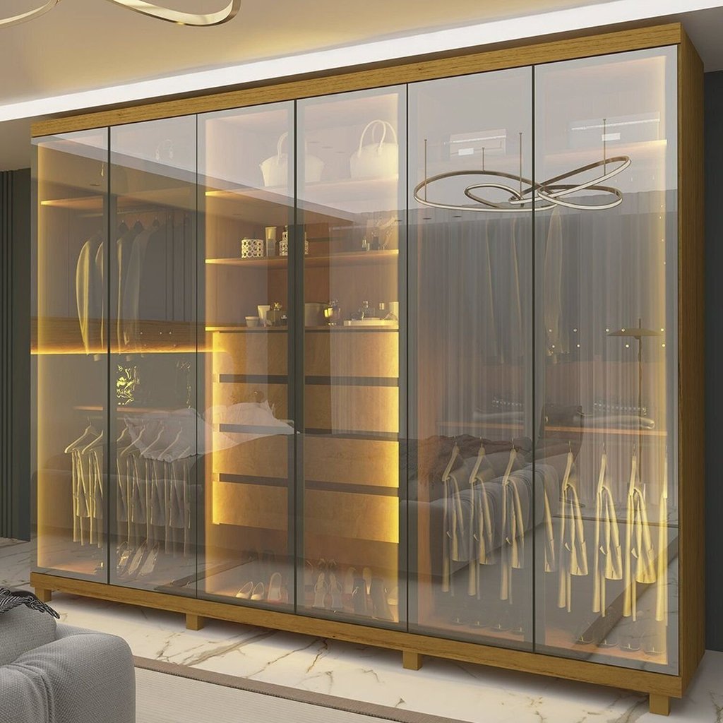 Guarda-Roupas Casal 6 Portas com 6 Portas Reflecta com Pés e LED Absolut New Reflecta 100% MDF Marrom/Marrome Naturale