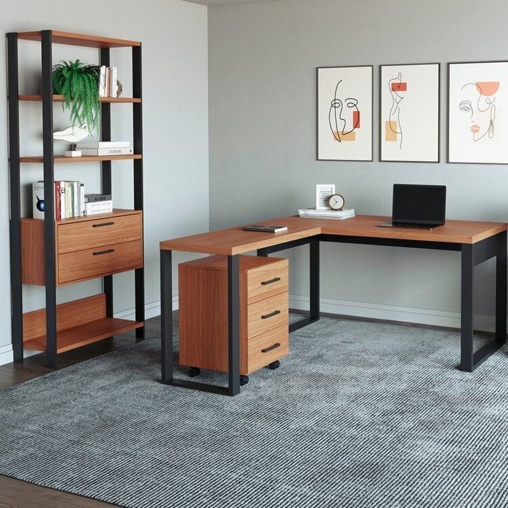 Conjunto 3 Peças com Escrivaninha em L, Estante para Livros e Gaveteiro Freijó Preto Fosco Marrom 100% MDF