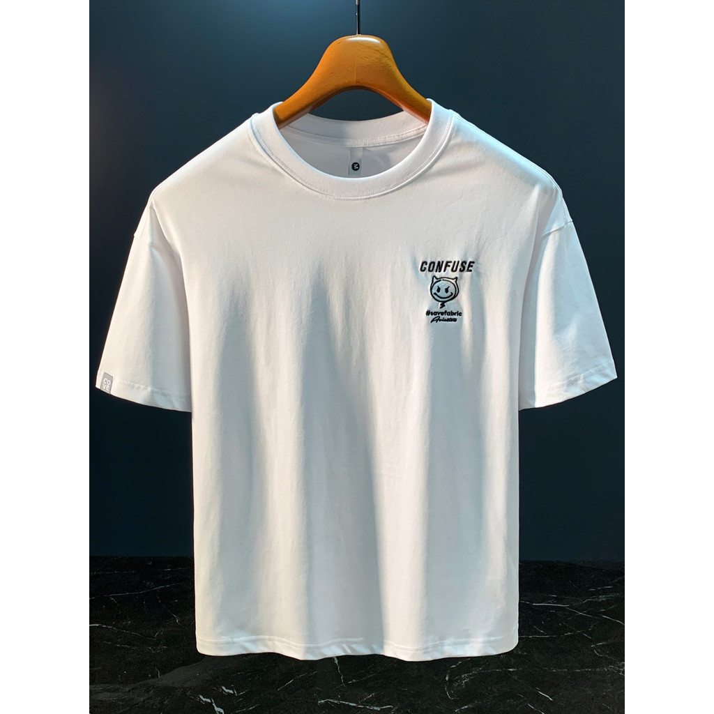 Cor sólida simples masculino de manga curta verão estilo fino respirável solto em torno do pescoço topo branco bordado m