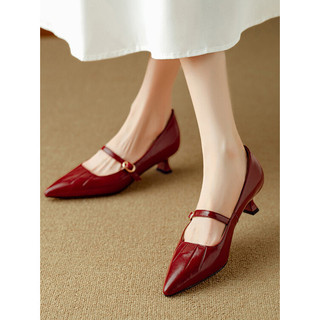 Sapatos femininos de salto gatinho francês Mary Jane, bico fino, verão, salto médio, couro genuíno, couro macio, sapatos
