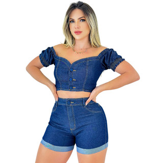Conjunto Jeans Feminino Cropped e Short Cintura Alta Seu Brilho Moda Jeans