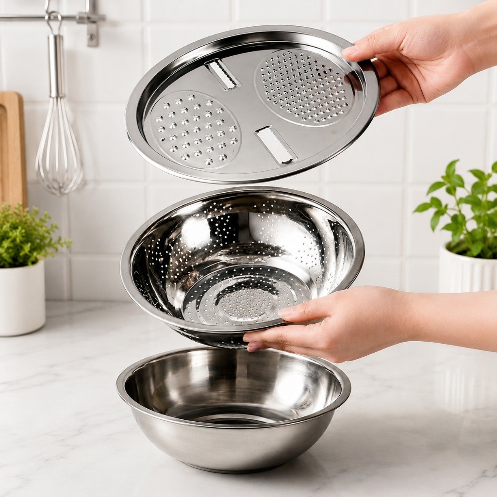 Ralador Escorredor Inox 3 em 1 com Tigela e Bacia Multiuso Cozinha Resostente Aço Inox