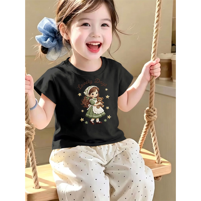 Meninas dos desenhos animados impresso camiseta puro algodão manga curta em torno do pescoço estilo ocidental estilo bon