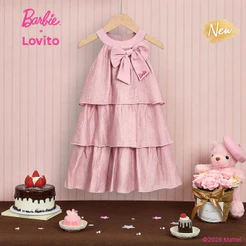 (New Arrival) Barbie™ X Lovito Infantil Vestido Longo Rosa Camadas Bordado Férias Primavera Verão Casual Para Meninas DRBL6PAD030