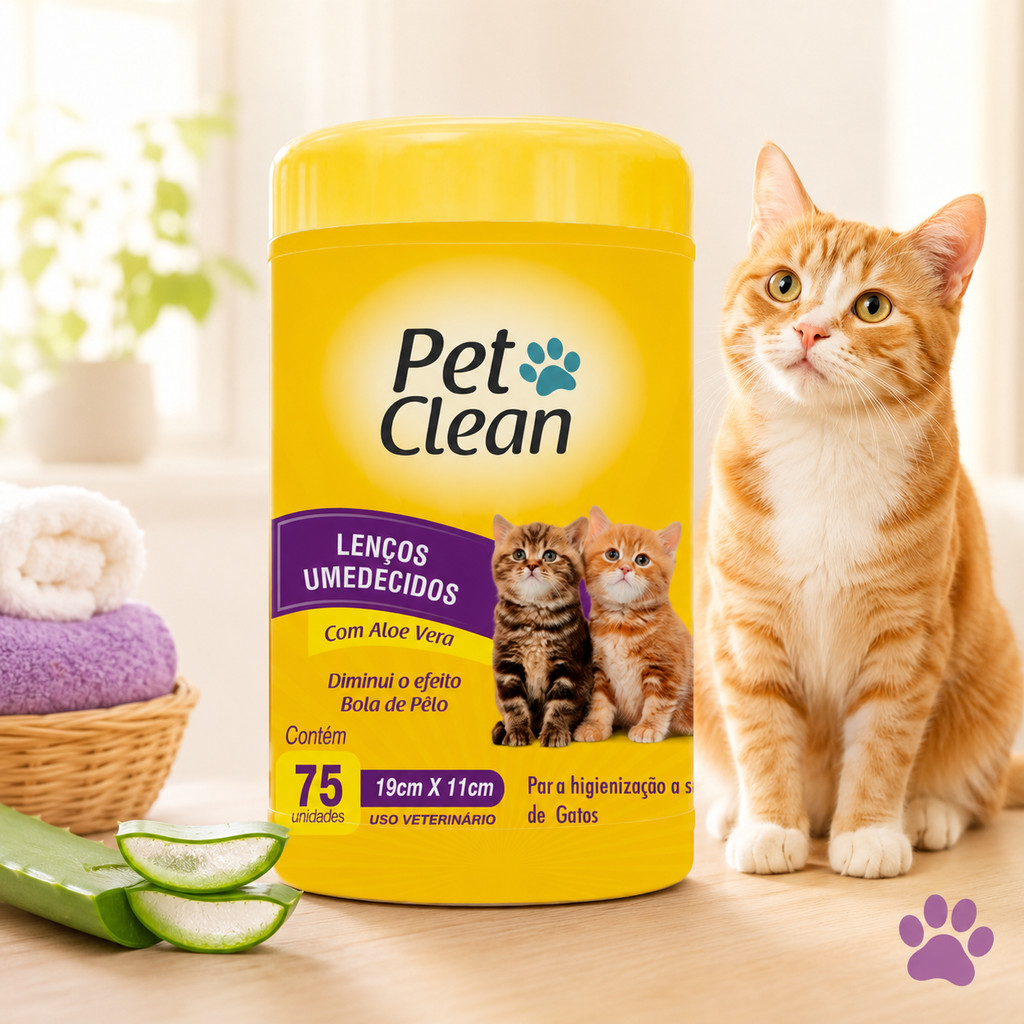 Toalha Lenço Umedecido Para Gatos Pet Pote com 75 Unidades Sem Alcool Pet