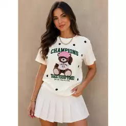 Camiseta Feminina Teddy Bear Champions Estampada Casual T-Shirt Premium Manga Curta Bolinhas Primavera Verão Tendencia