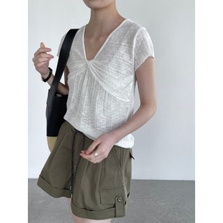 Slub cânhamo torcido ombro estilo fino legal manga curta camiseta feminina estilo fino Super agradável malhas 2026 novo 