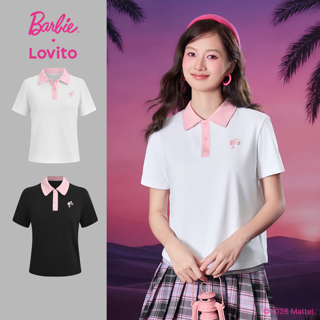 BarbieTM X Lovito Camiseta Branca Manga Curta Gola Ponta Bloco de Cor Botões e Bordado LBL5AD045