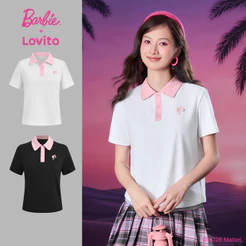 Barbie™ X Lovito Camiseta Branca Manga Curta Gola Ponta Bloco de Cor Botões e Bordado LBL5AD045