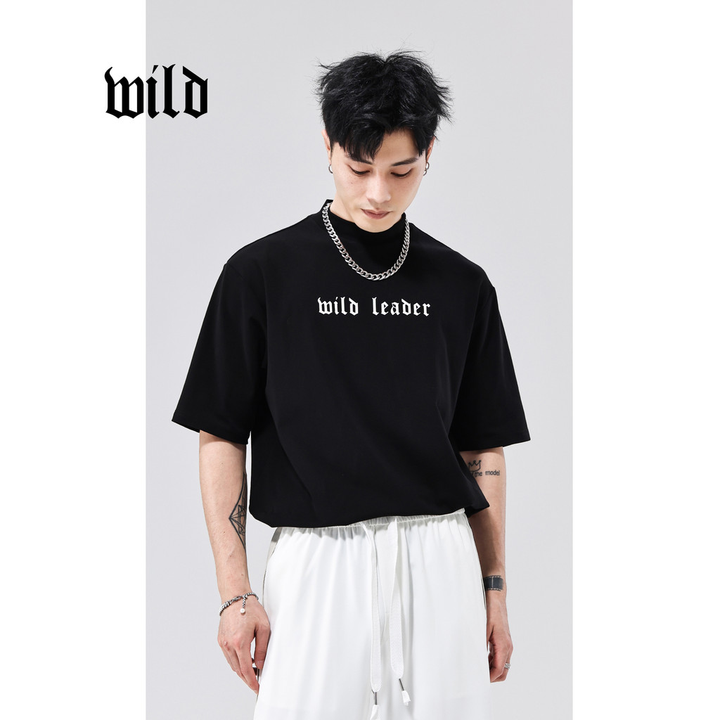 Camiseta masculina de decote pequeno preto verão americano solto em torno do pescoço Casual esportes high-End impresso m