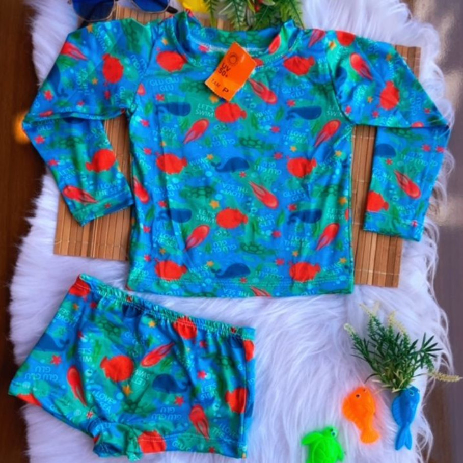 Conjunto Sunga + Blusa infantil Proteção Térmica UV50+ Roupa de Banho Piscina Praia Verão Desenhos Animais Crianças