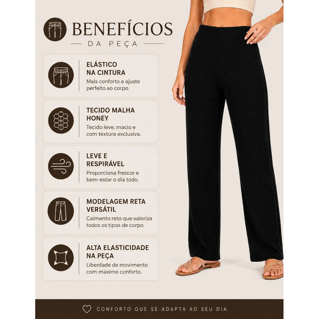 Calça Feminina Reta Cintura Alta Malha Texturizada Verão Pantalona Confortável Leve — imagem 2 de 2