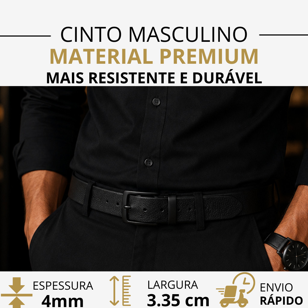 Cinto Masculino Social Premium 3,35cm Textura Couro Craquelado Montana Fivela Preta Material Resistente