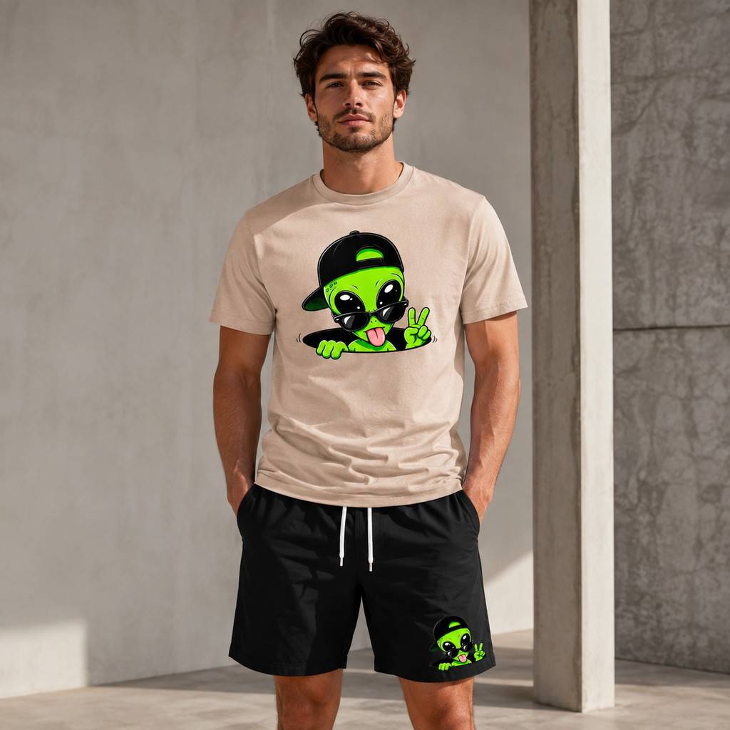 Conjunto Masculino Camiseta Premium Algodão + Bermuda Shorts Tactel Alien Paz e Amor Verde Neon Estampado