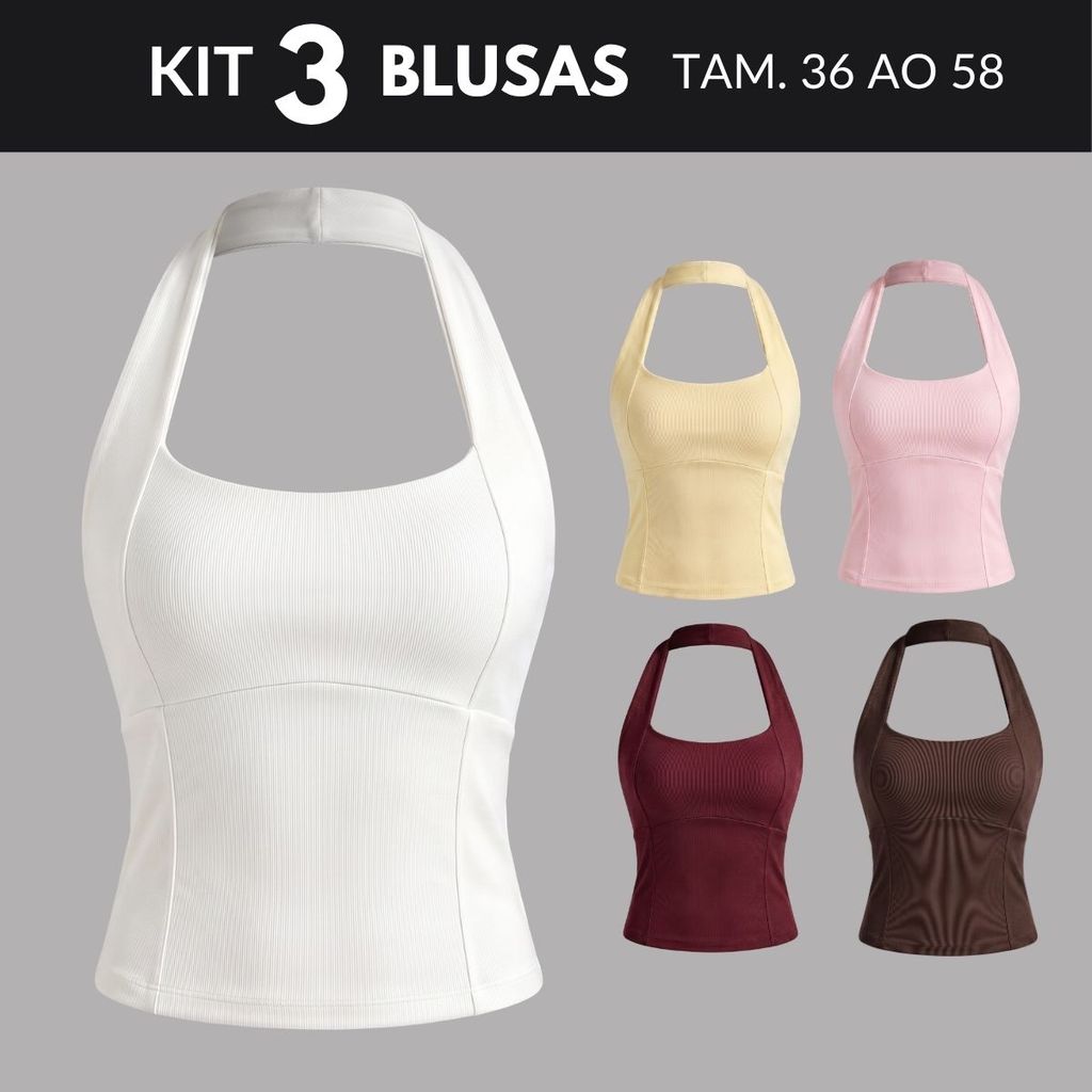 KIT 3 Blusas Femininas Estilosas Tendência Branca Regata Vintage Plus Size Frente Unica Tamanho 36 A 58